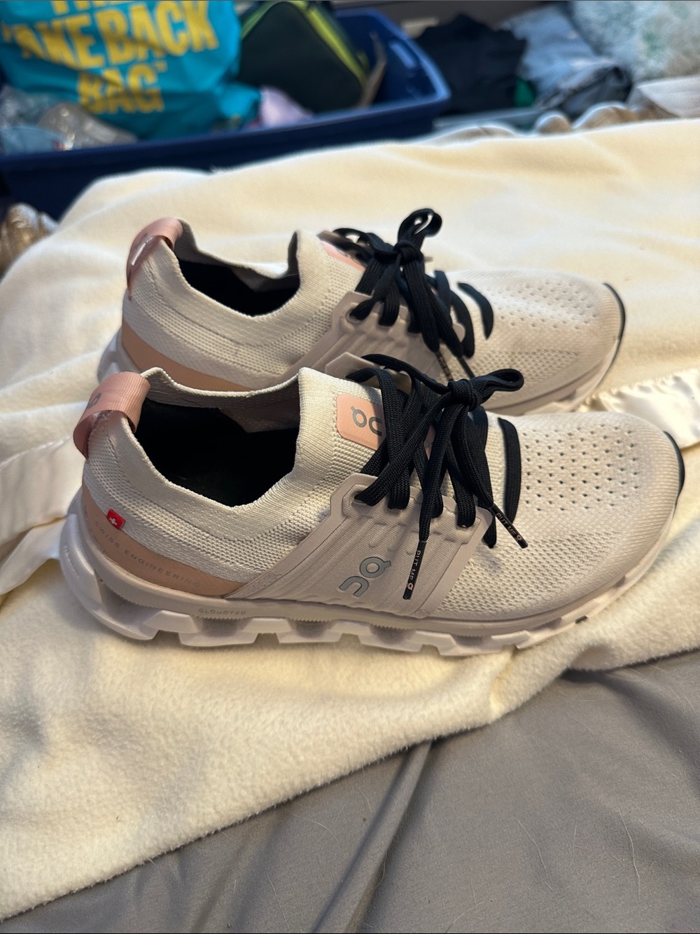 On Cloudswift Women's Athletic Sneakers in White with Pink Accents